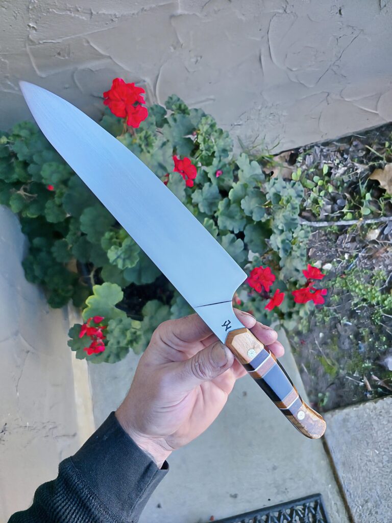 15N20 chef knife with Flame Box Elder and spalted maple and ancient bog oak 👍