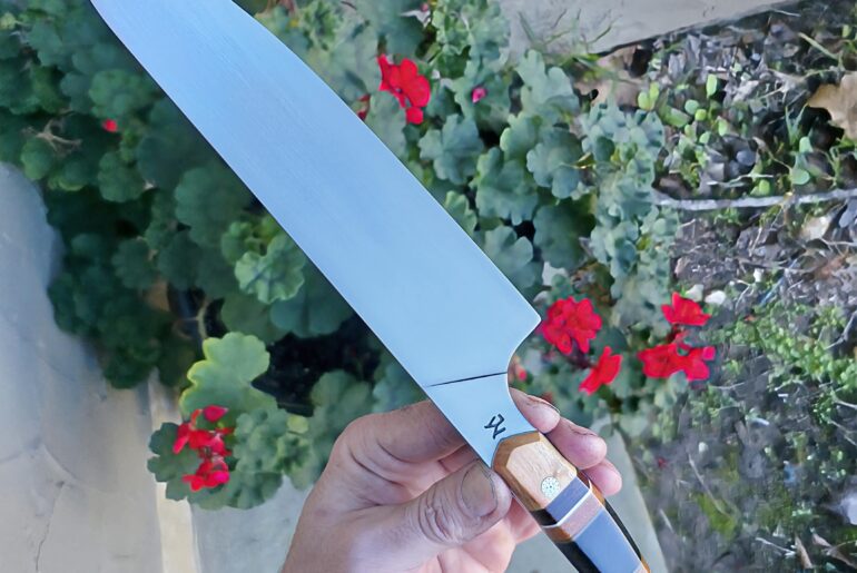 15N20 chef knife with Flame Box Elder and spalted maple and ancient bog oak 👍