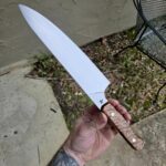 Finished up this Chef Knife, steels 15n20, Quilted Maple handle🍁
