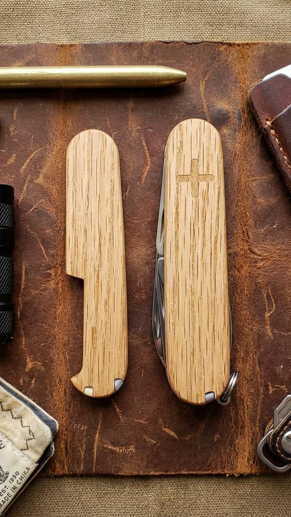 Custom red oak scales with cherry wood inlays on the Victorinox Spartan.