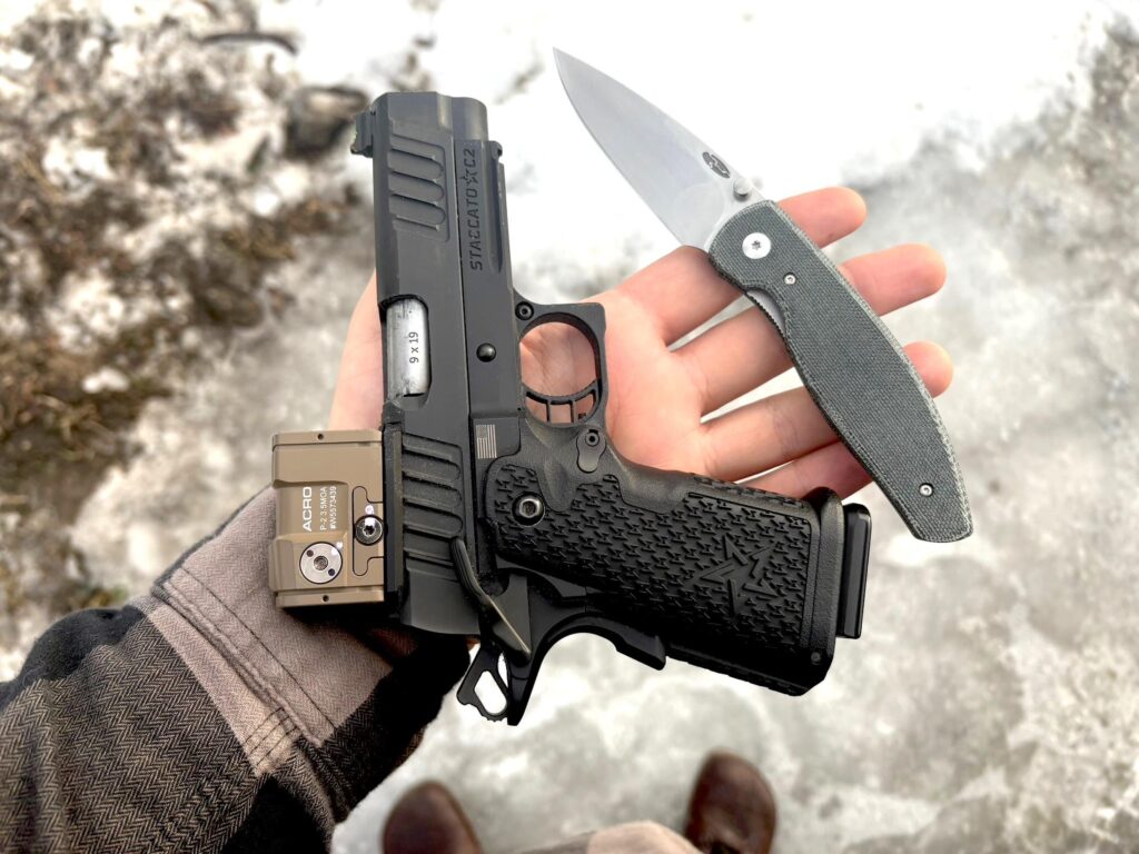 A lint covered gun and a knife with new scales.