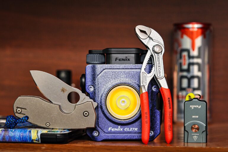 Spyderco Techno, Knipex Cobra 125, Fenix CL27R, E03R.