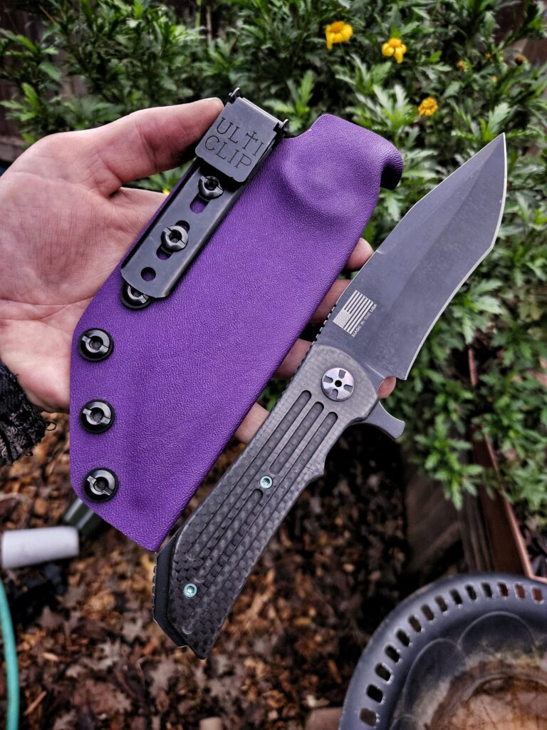 I had a Custom knife without a "carryable sheath" and a spare peice of purple kydex and here we are.