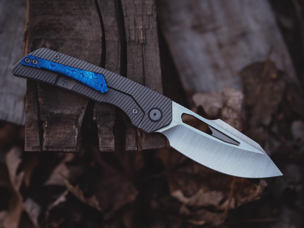 BMK Ether. Hollow grind, Magnacut, milled Ti with Timascus clip.