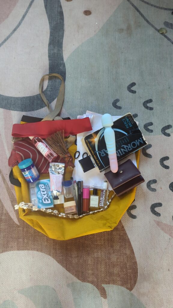 Everything I have in my bag today. Tell me about myself