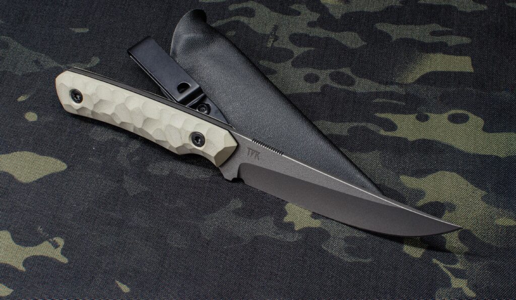 Apex Ultra EDC, single hollow bevel, Tungsten Cerakote and Desert tan scales. A wild commission, that's for sure