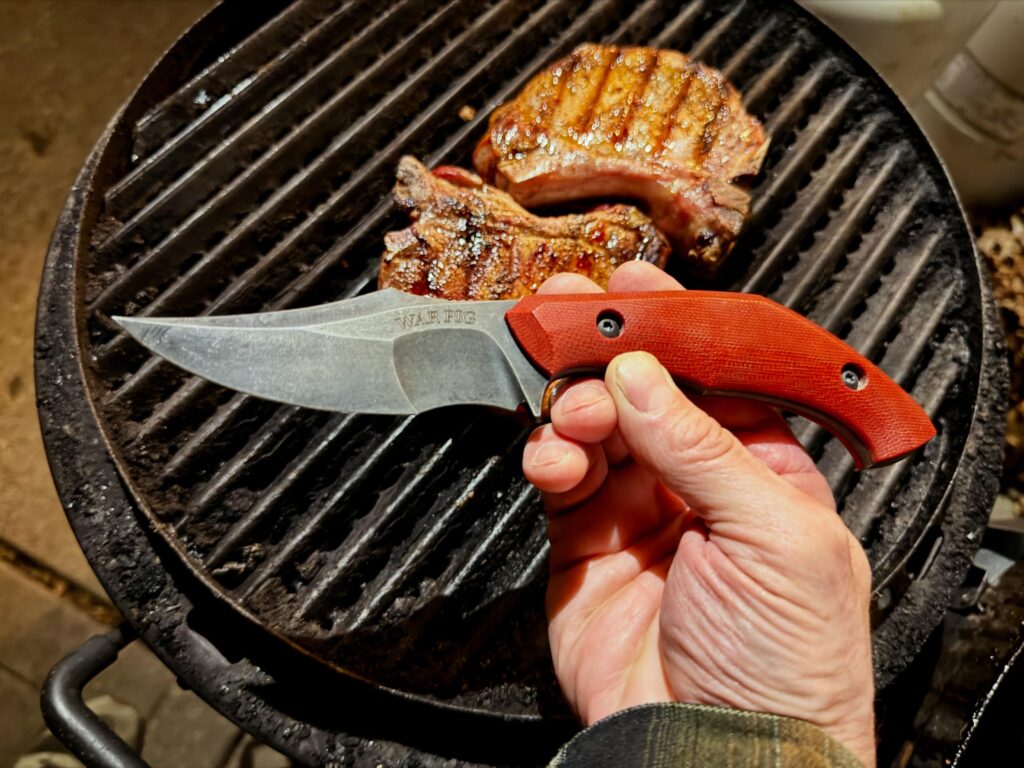 @direpacific War Pig assist grilling these thick Iowa Chops #direpacificwarpig #direpacificblades