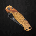 Stablized Amboyna burl scales on the Spyderco Para Military 2.