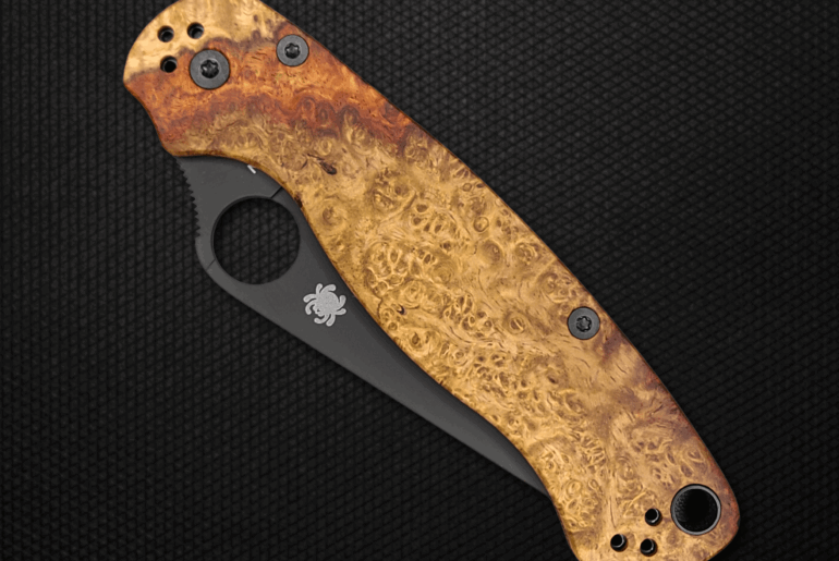 Stablized Amboyna burl scales on the Spyderco Para Military 2.