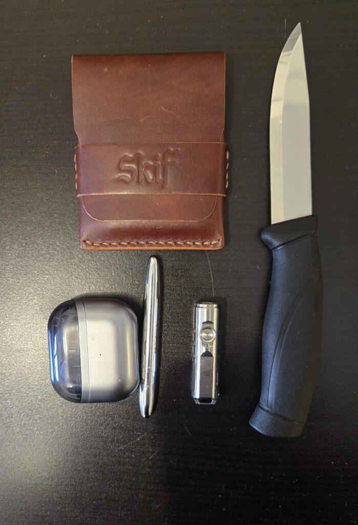 Have a nice day,Samsung buds, fisher space pen, Rovyvon flashlight, mora companion, skif wallet.🫡