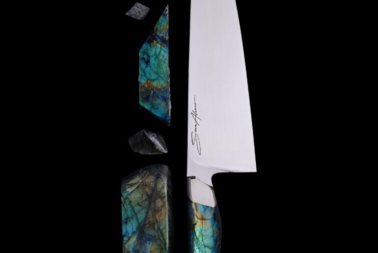 My first time making a knife with a gemstone handle! Thoughts on Labradorite as handle material?
