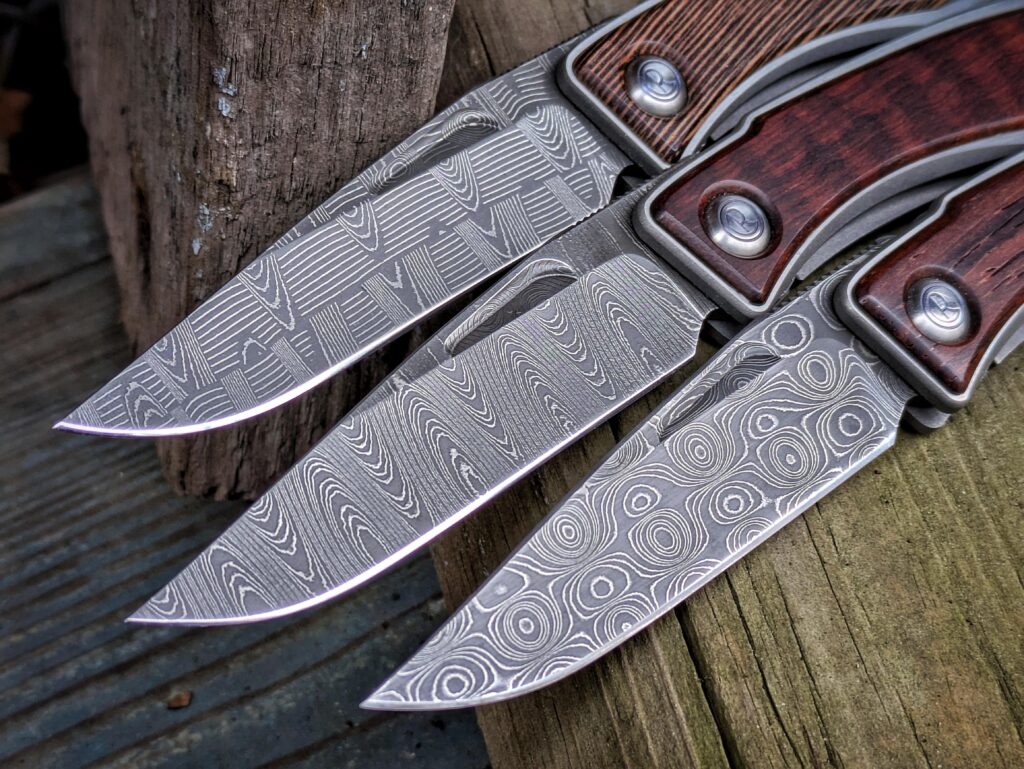 CRK Mnandi with three different Devin Thomas Damascus patterns: Basketweave, ladder and raindrop