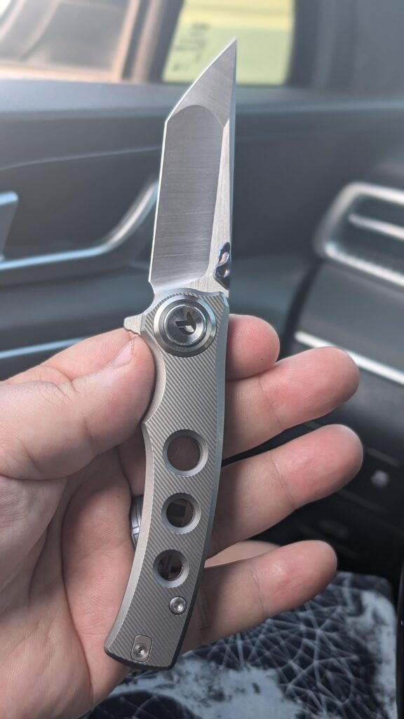 Titanium tuesday brings a Dreamtech with pivot lock, hollow compound m390 blade, zirca thumb studs, 3d milled titanium handle. Wicked sharp.