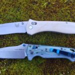 Benchmade 710 in hand polished walrus ivory & 18065-2501 limited mini Adira in Thermocline G-Carta and Bifrost Damasteel