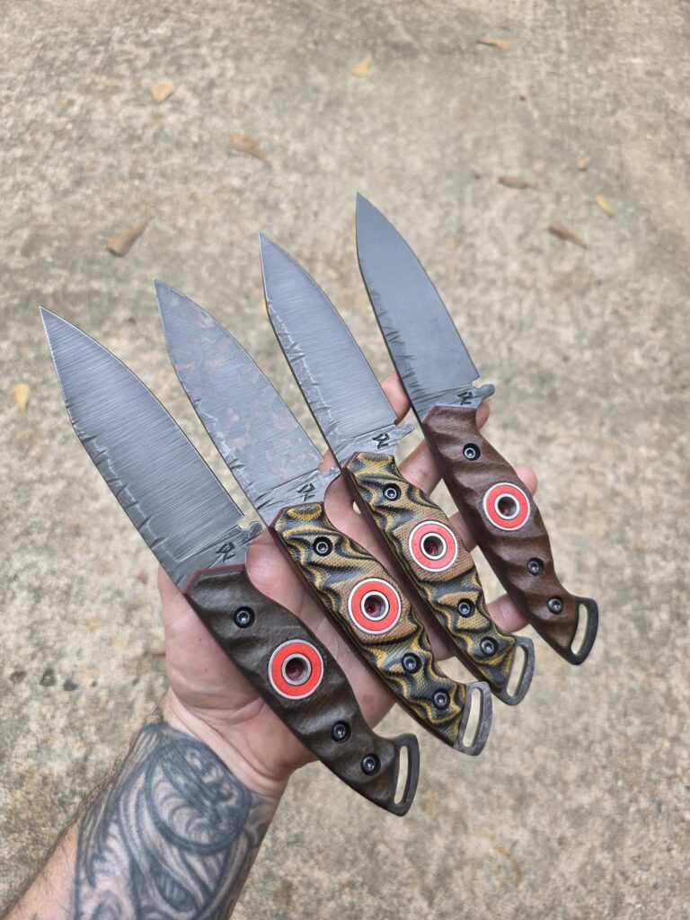 Finished these 80crv2 Bushcraft knives with bow drill frictionless bearing. wanted to give it a try. The other option is a smooth dish but the bearing really takes out the friction happy how they come out. Various Micarta, layered Canvas Micartas handles 🤙