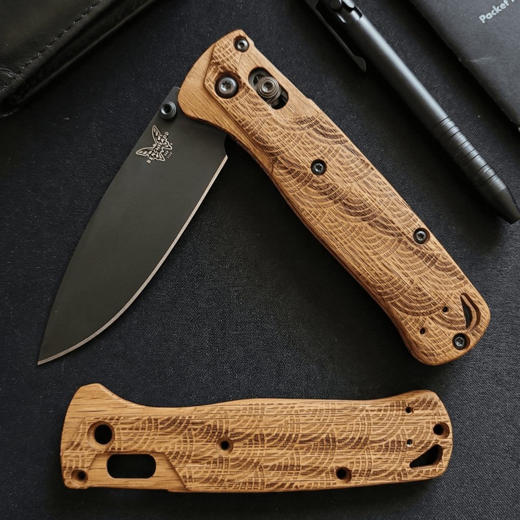 Benchmade Bugout 535 with Seigaiha pattern red oak scales.