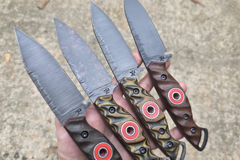 Finished these 80crv2 Bushcraft knives with bow drill frictionless bearing. wanted to give it a try. The other option is a smooth dish but the bearing really takes out the friction happy how they come out. Various Micarta handles 🤙