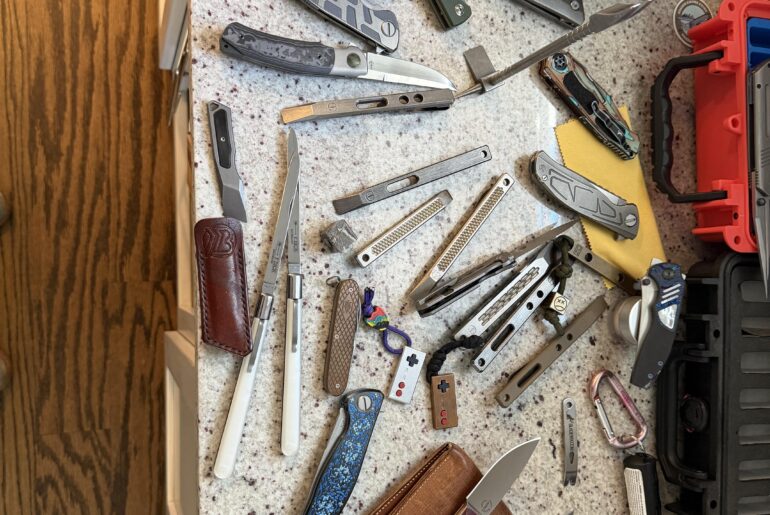 Chaotic pic of all the stuff I’m going to sharpen, clean and lube today