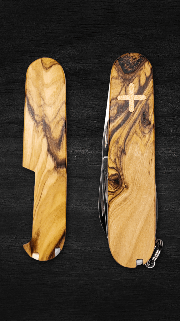 Olivewood Plus scales with maple inlays on the Victorinox Spartan!