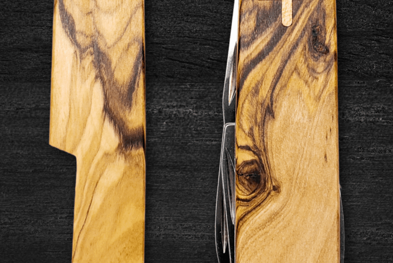 Olivewood Plus scales with maple inlays on the Victorinox Spartan!