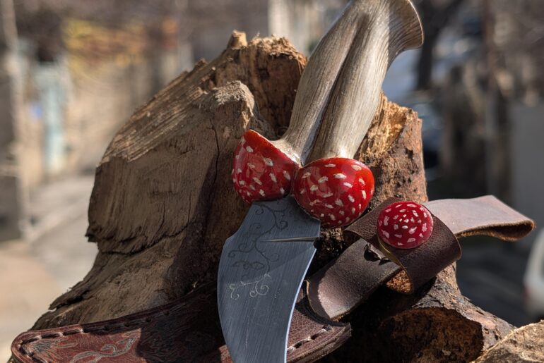 Mushroom foraging knife and sheath i made for my lovely girlfriend! Blade is made of 9KhF soviet steel, Handle carved of Linden tree wood, and my second ever leather sheath