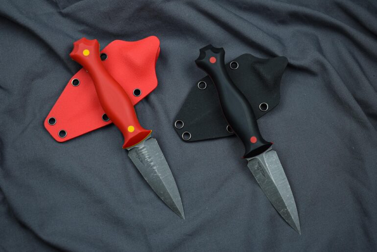 Two new daggers in 14C28N at 60HRC with G10 scales, liners and pins, kydex sheaths. How do you like them?