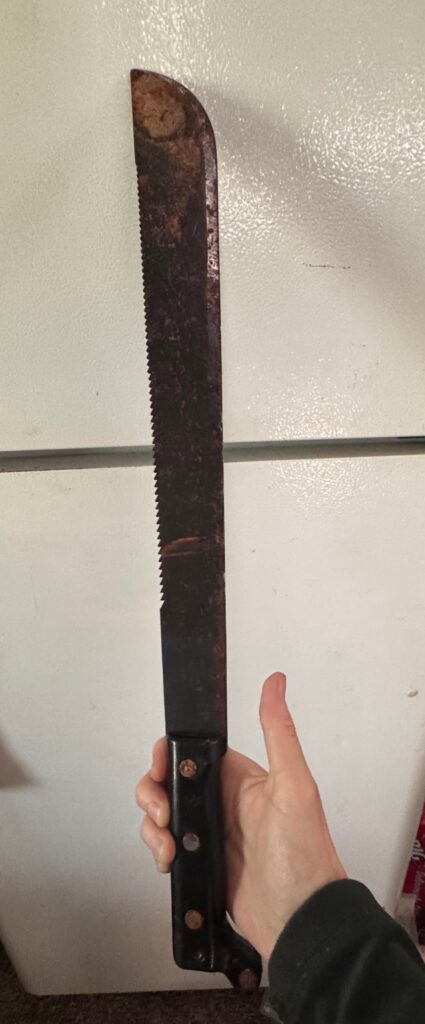 Bought an old machete at an estate sale. Best way to remove the rust and tighten a rivet?