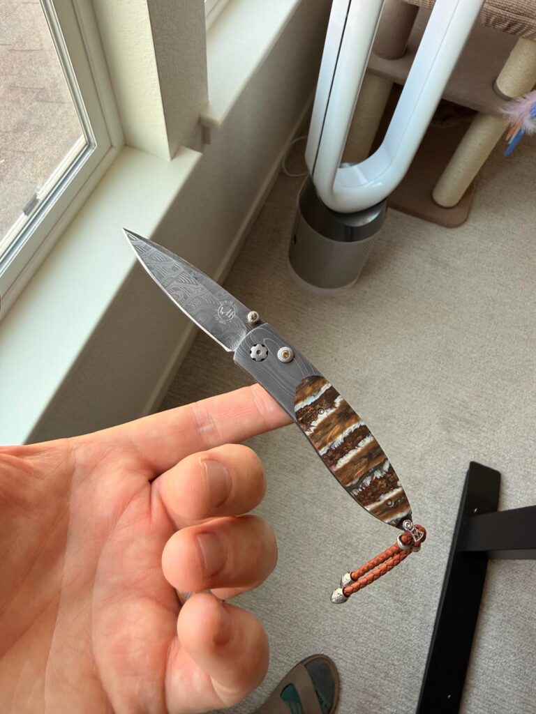 Knife I was given today. William Henry, Damascus with Woolly Mammoth Tooth Inlay and Citrine Gemstones