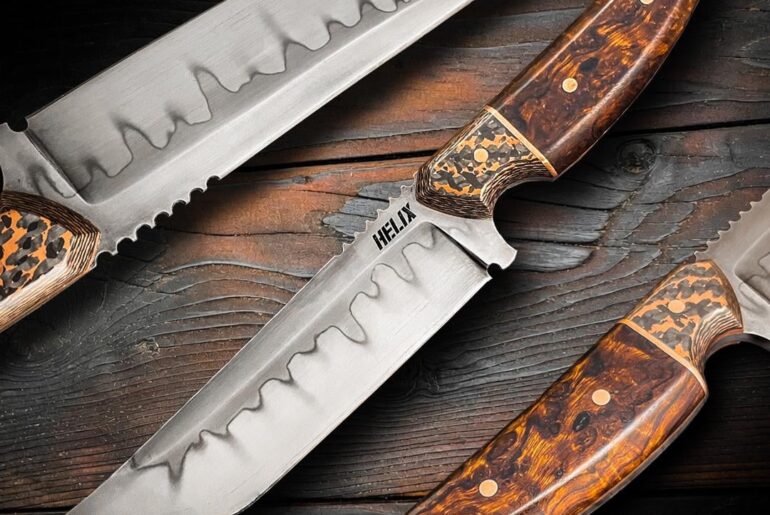 I made this knife. The handle is copper carbon fiber and ironwood burl.