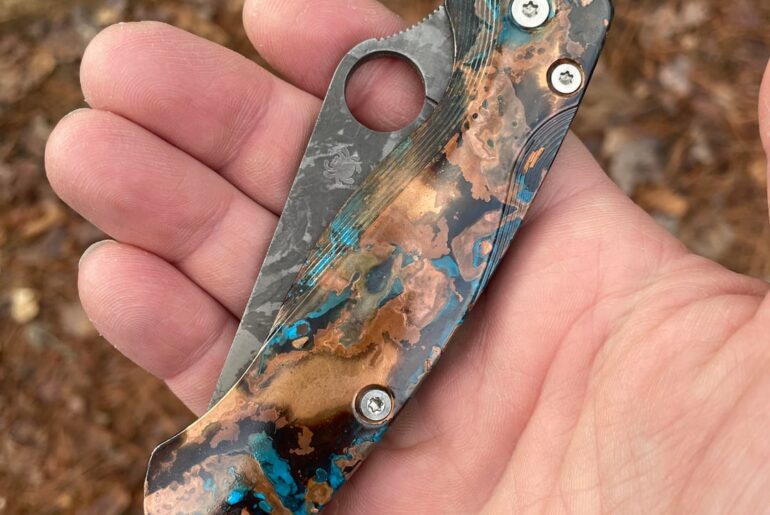 Spyderco PM2, 15v steel, with Flytanium copper lotus scales, shipwrecked