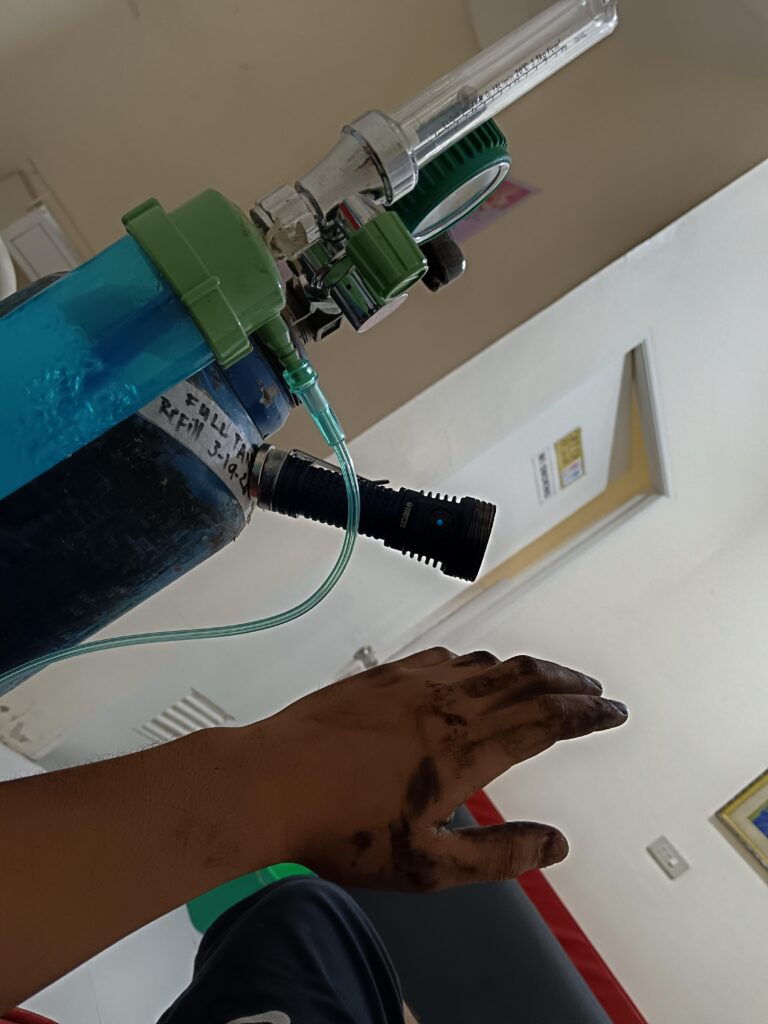 In the clinic, recovering from a house fire.