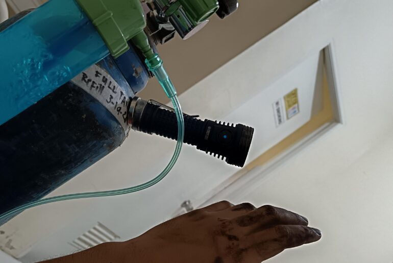 In the clinic, recovering from a house fire.