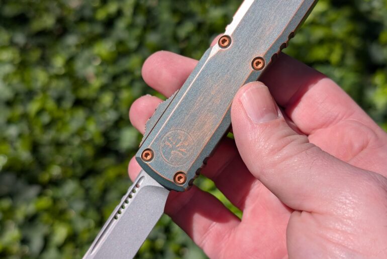 Microtech Ultratech ZBP that I did in a distressed Cerakote finish | Copper base with Charcoal Green distressed top coat
