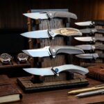 Shirogorov rare knives on custom oak knifestand