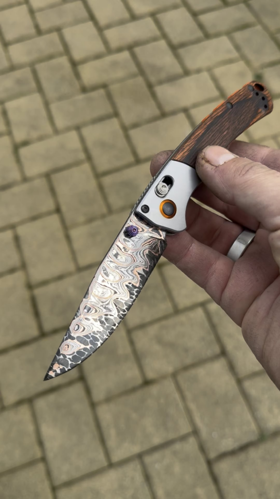 Custom Wild Dragon Damascus blade on a Benchmade Mini Crooked River