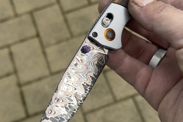 Custom Wild Dragon Damascus blade on a Benchmade Mini Crooked River