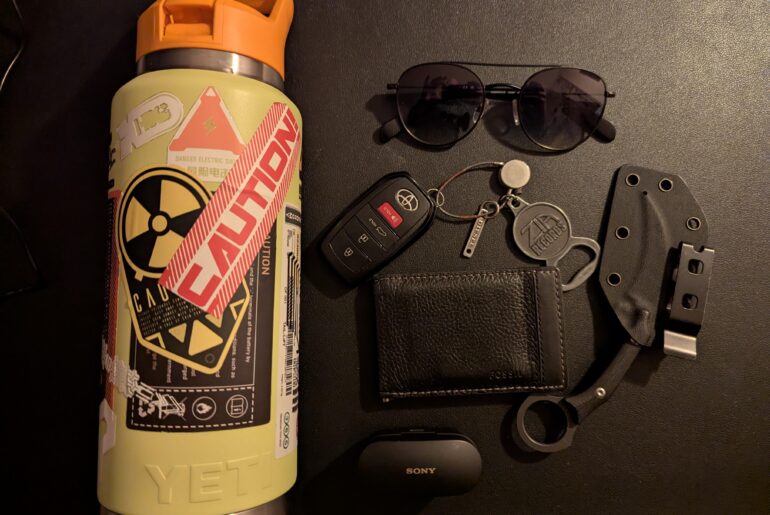 Rag & Bone sunglasses, C1151 Ccanku Fixed Blade, Fossil Wallet, Sony WF-1000XM4, Yeti, Toyota