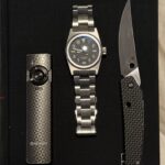 Today I’m carrying the O-Light Arkfield, Unimatic U2-H on Unimatic Stainless Steel Bracelet, Spyderco Ikuchi, and Titanium Piranha switchblade with S30V bayonet blade. The Spyderco is great for a traveling food prep knife!