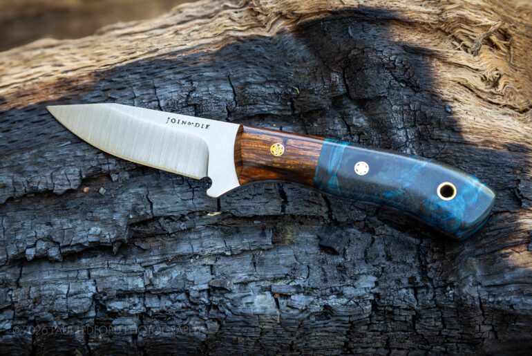 Local Builder - Blue-dyed Maple Burl with Desert Ironwood bolster, Mosaic pins, black g10 liner