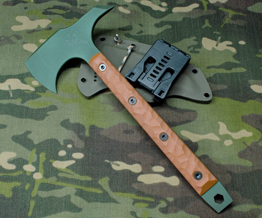 Haven't made a tomahawk in a while! 80CrV2 steel, Highland green Cerakote, RAL 8001 G10 scales