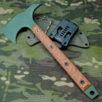 Haven't made a tomahawk in a while! 80CrV2 steel, Highland green Cerakote, RAL 8001 G10 scales