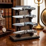 Justus custom knives on custom oak knifestand