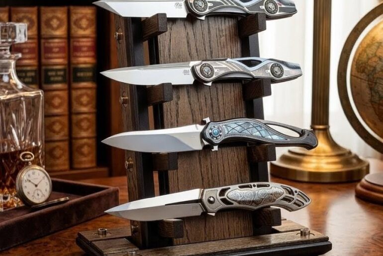 Justus custom knives on custom oak knifestand