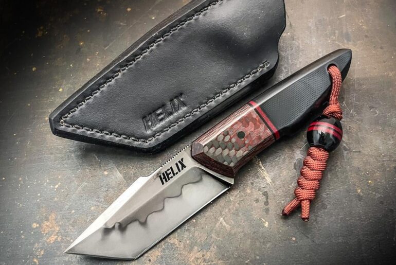 Pocket carry tanto. 26C3 steel with a hamon, black/red carbon fiber, G10, clip on pocket sheath and matching bead.