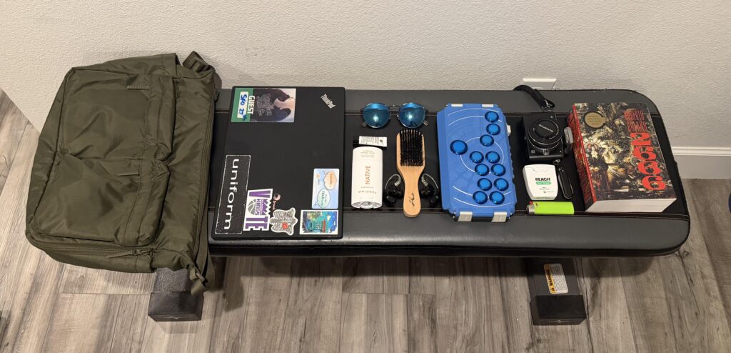 not pictured: phone (duh), wallet (I ❤️ moviepass), keys (fell behind bench)