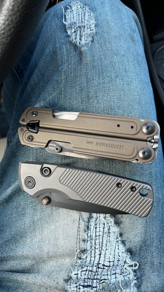 The Vosteed Porcupine TiSlim, and the Leatherman Arc.