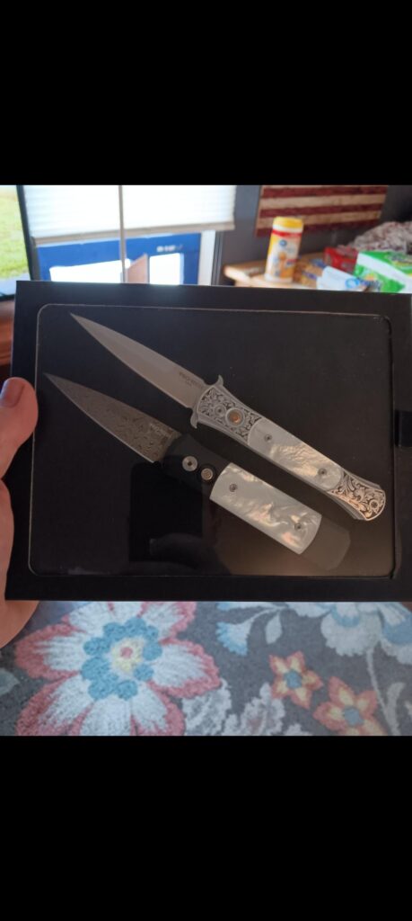 A couple of my protech knives with my own custom made inlays out of m.o.p
