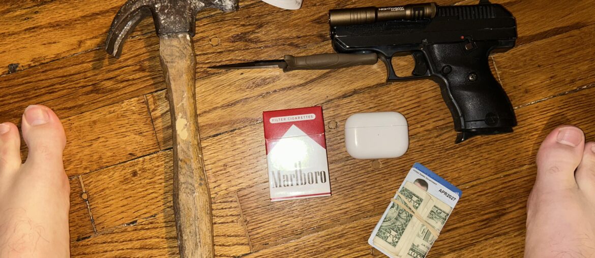 EDC. Hipoint with flashlight and bayonet, stamps, hammer, AirPods, smokes, and makeshift wallet. I’m a local handyman, I can do plumbing, electrical, and copper stripping. Not insured