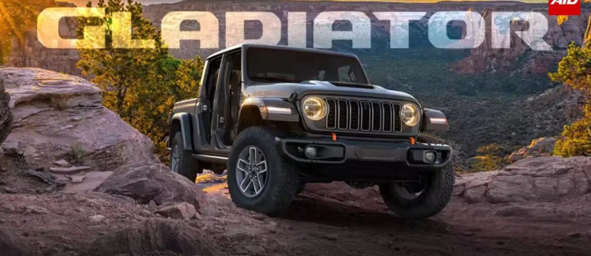 Jeep Gladiator pickup truck front three-quarter view on a rocky off-road trail at sunset, showcasing its rugged design and seven-slot grille