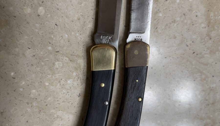 The buck 110 my wife has carried since the late 70’s, vs the one I just bought